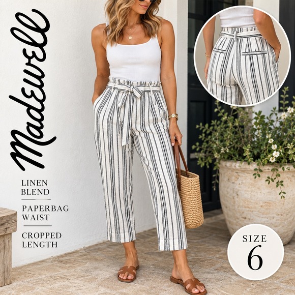 Madewell Pants - Madewell Striped Paperbag Pants Women 6 Blue White Linen Cotton High Rise Belted